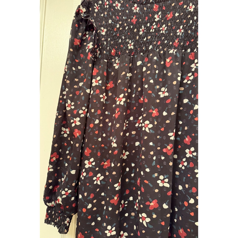 Paper Parachute Dress Womens XS Navy Floral Smocked Mock Neck Ruffle Tiered Midi - Picture 8 of 10